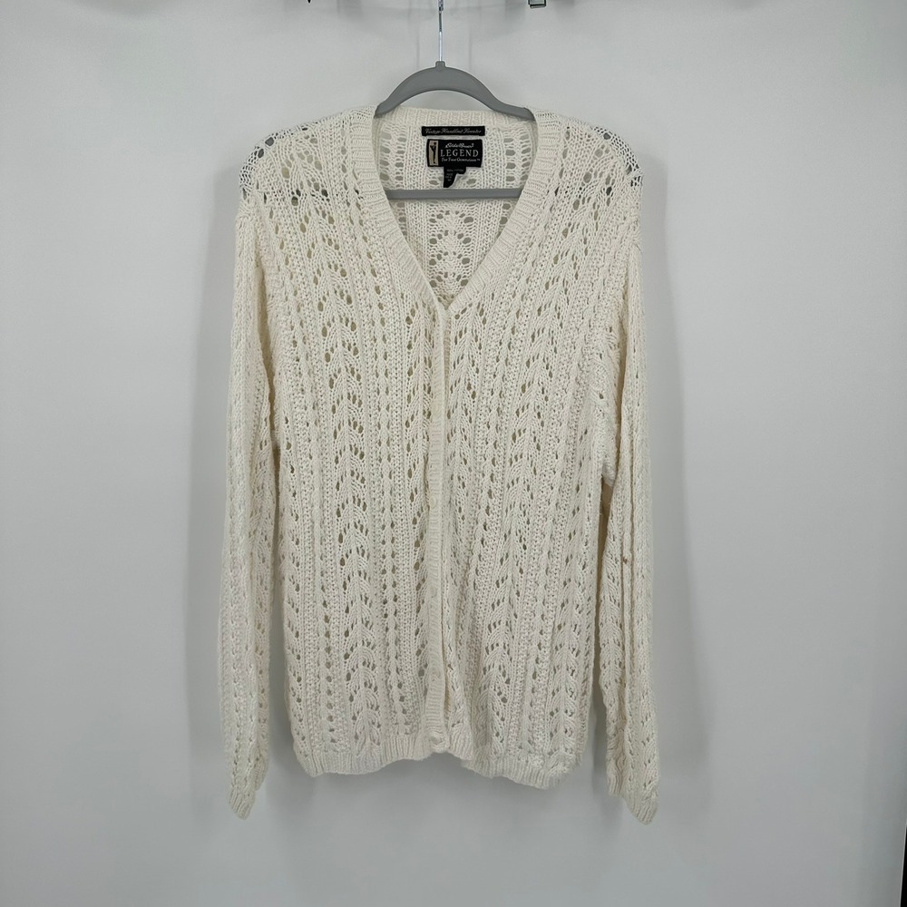 Eddie Bauer Legend Women Handknit Cable Knit Cardigan Sweater Sz XL Cream Cotton